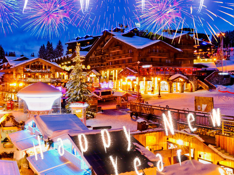 Chalets in the French Alps under a firework lit sky